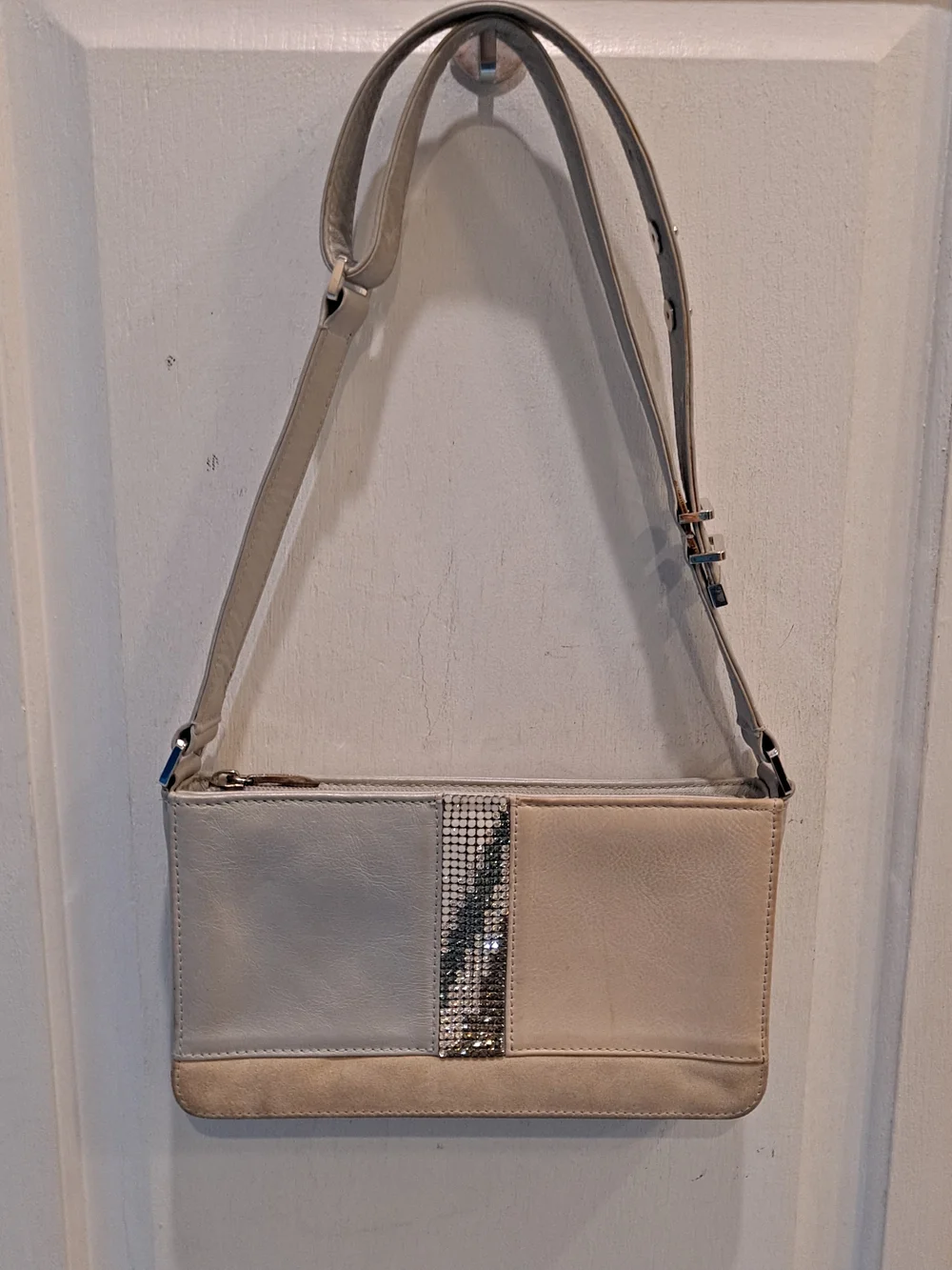 Swarovski Crystals Y2k Beige Gray Tri-panel Colorblock Baguette Shoulder Bag